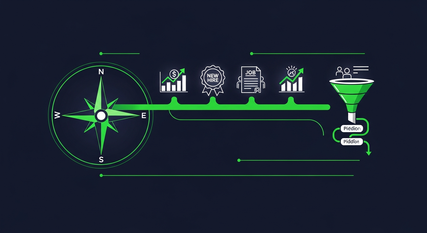 Editorial illustration of a green compass needle pointing at glowing buying-signal icons — a funding chart, a new-hire badge, a rising research trend line — flowing along a green track into a sales pipeline funnel on a deep navy background.