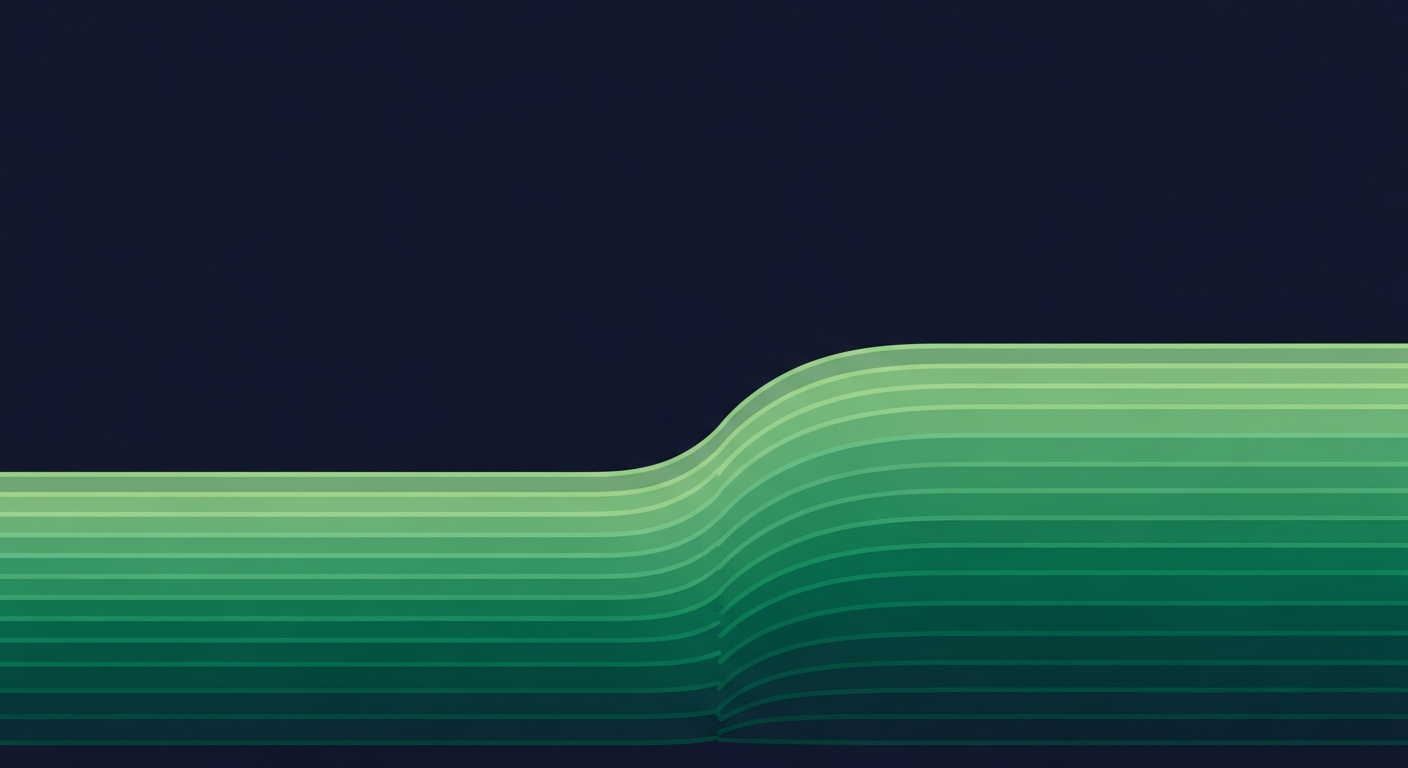 Editorial illustration of layered horizontal signal waveforms in green tones rising on a deep navy background.