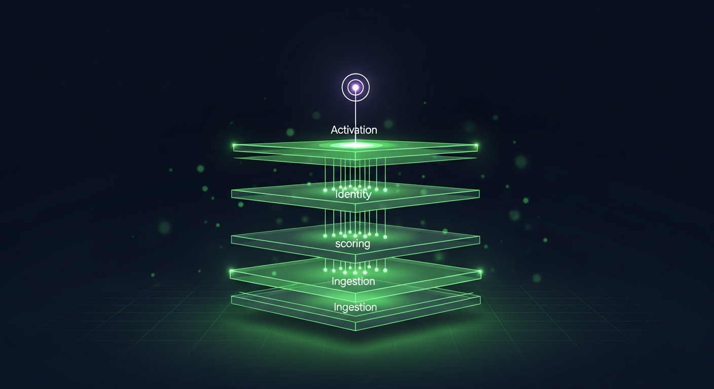 Editorial illustration of stacked glowing green platform layers on a deep navy background — an ingestion layer feeding an identity layer, a scoring layer, and an activation layer — suggesting the architecture of an intent data platform.