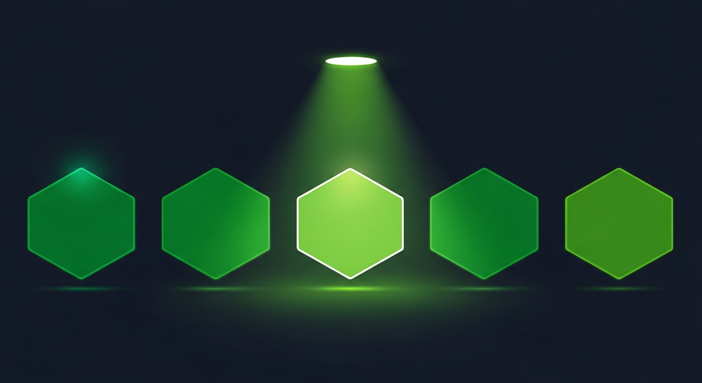 Editorial illustration of a row of glowing green hexagon panels with one spotlit at center on a deep navy background, suggesting one intent data provider standing out from the field.