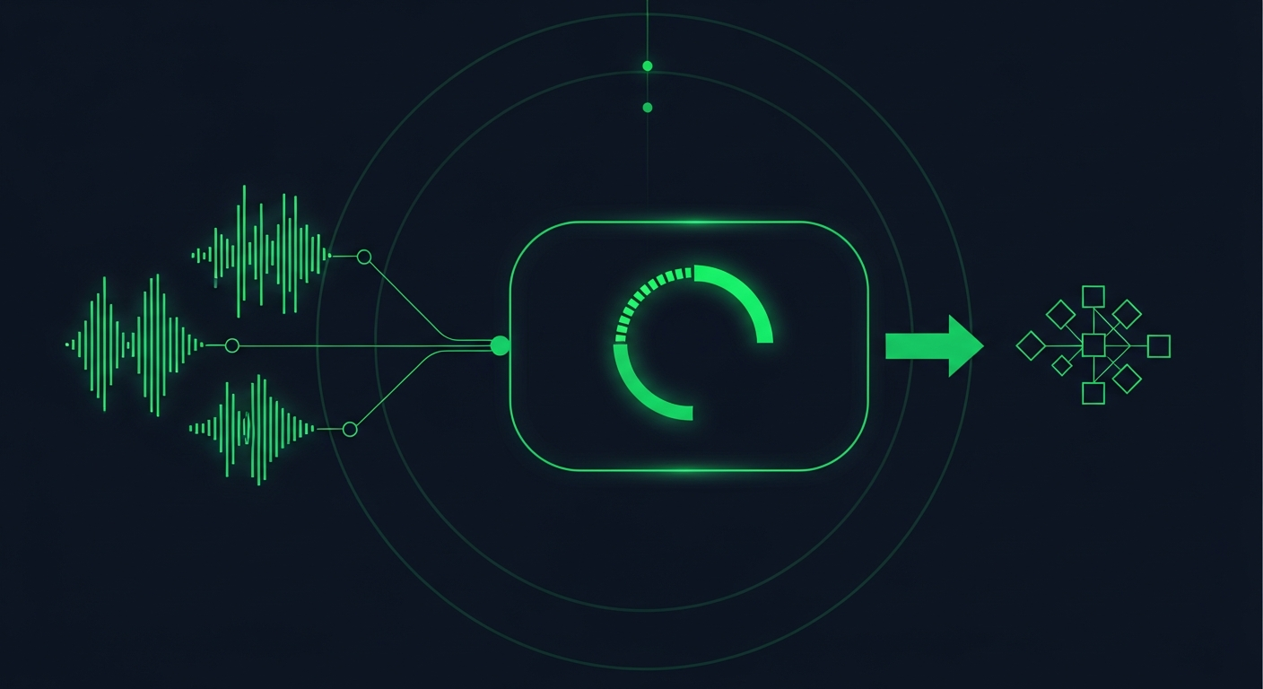 Editorial illustration of a glowing green software dashboard panel on a deep navy background, with signal waveforms feeding into a scoring gauge and a routing arrow, suggesting intent data software turning raw signals into prioritized accounts.