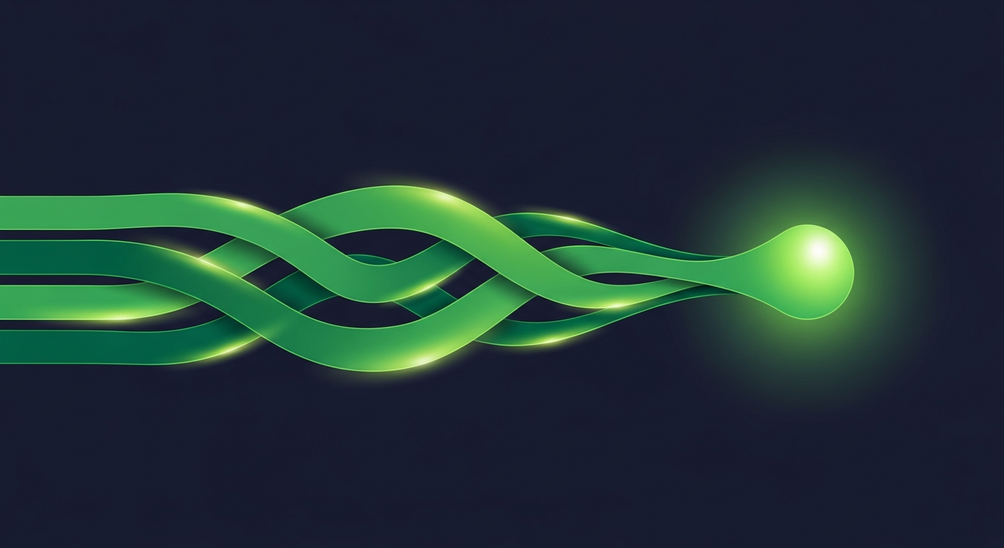 Editorial illustration of five distinct green signal streams — bidstream, co-op, review, website, and social — converging into a single ranked account feed on a dark navy background.