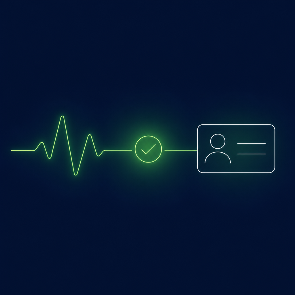 Text-free editorial vector illustration on a deep navy background: two thin luminous green outline shapes sit side by side in a central horizontal band, a pulse-like waveform on the left representing intent data and a plain outline contact card with a circle for a head on the right representing contact data, joined in the middle by a small outline check mark inside a circle representing verification, with a soft green glow behind the join.