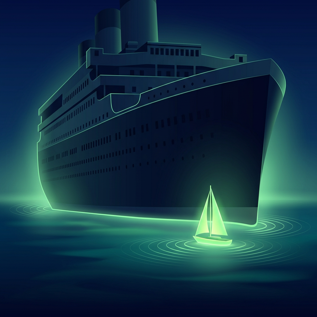 Editorial vector illustration on a deep navy background: a small glowing green sailboat floats calmly beside the hull of a towering dark ocean liner, gentle luminous ripples between them — a small business weighing an enterprise-scale platform against its own size.