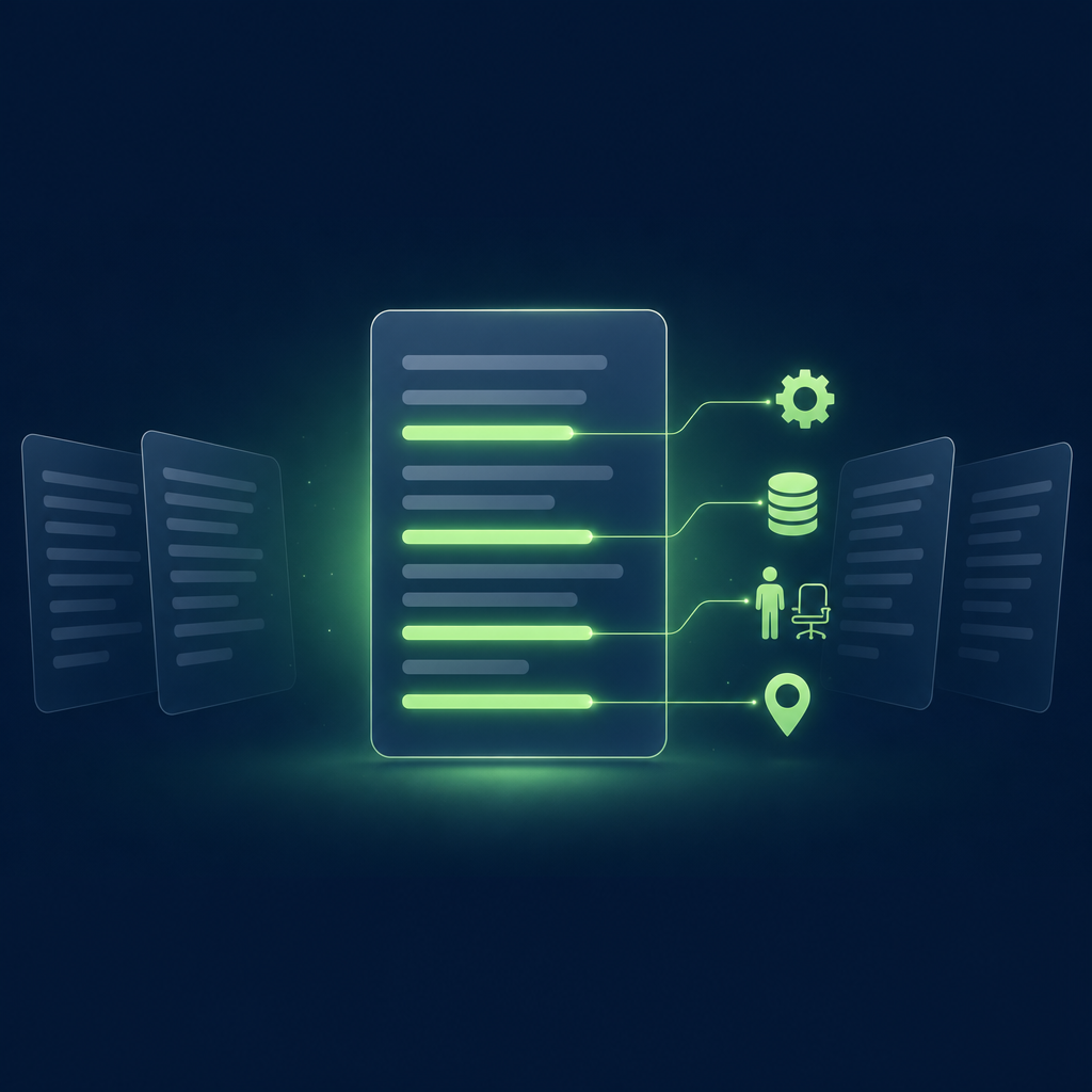 Text-free editorial vector illustration on a deep navy background: a single large translucent document card standing upright at the centre, its body made of plain horizontal bars standing in for lines of a job description; four of the bars glow luminous green and each sends a thin glowing thread out to a small plain icon floating beside the card: a gear, a stacked database cylinder, a lone figure silhouette with an empty outlined seat beside it, and a map pin; around the card, four faded grey duplicate cards drift away toward the left and right edges; minimal geometric shapes, subtle glow, no letters, numbers, labels or logos.