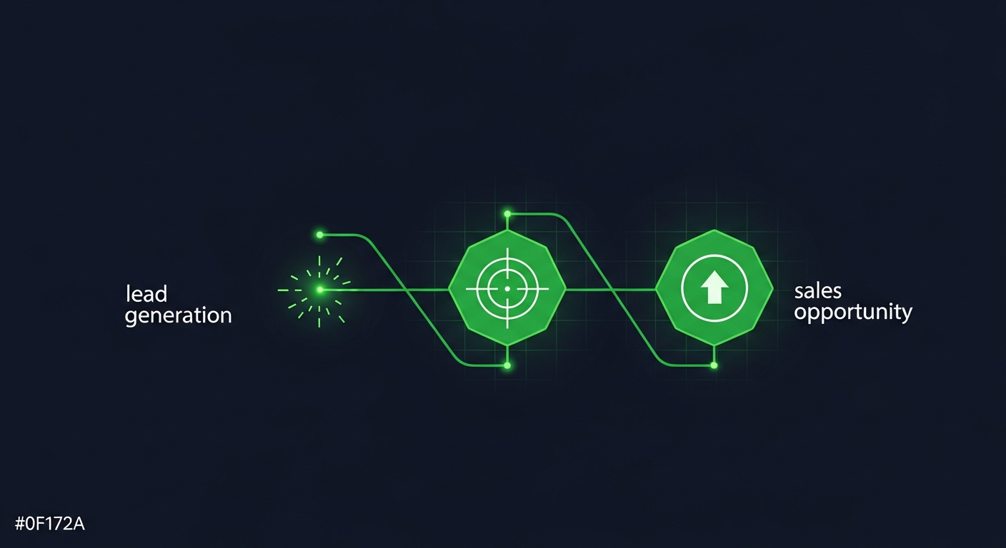 Editorial illustration on deep navy of three connected green nodes — a spark, a crosshair, and an upward arrow — showing the lead generation, prospecting, and sales opportunity chain.