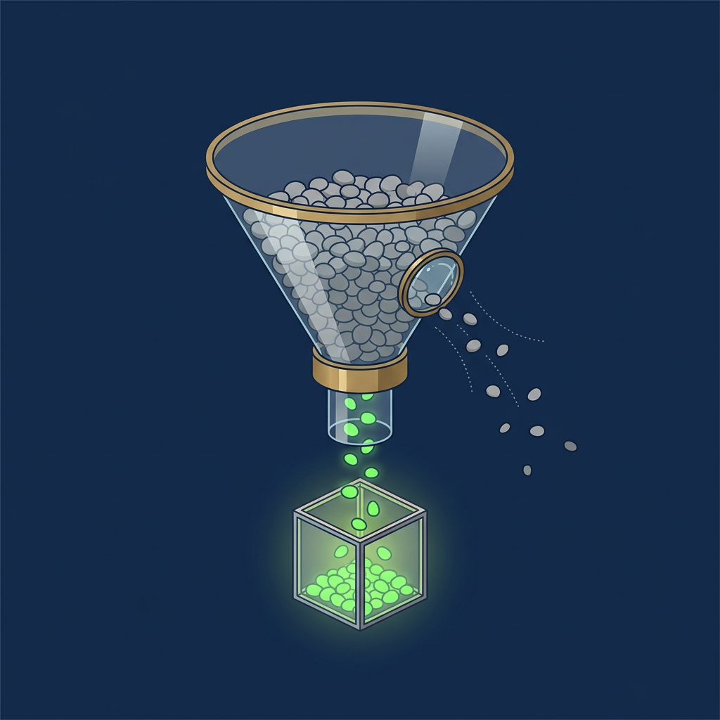 A glass funnel full of grey pebbles; a few fall out through a side lens while green glowing pebbles drop through the bottom into a lit green cube.
