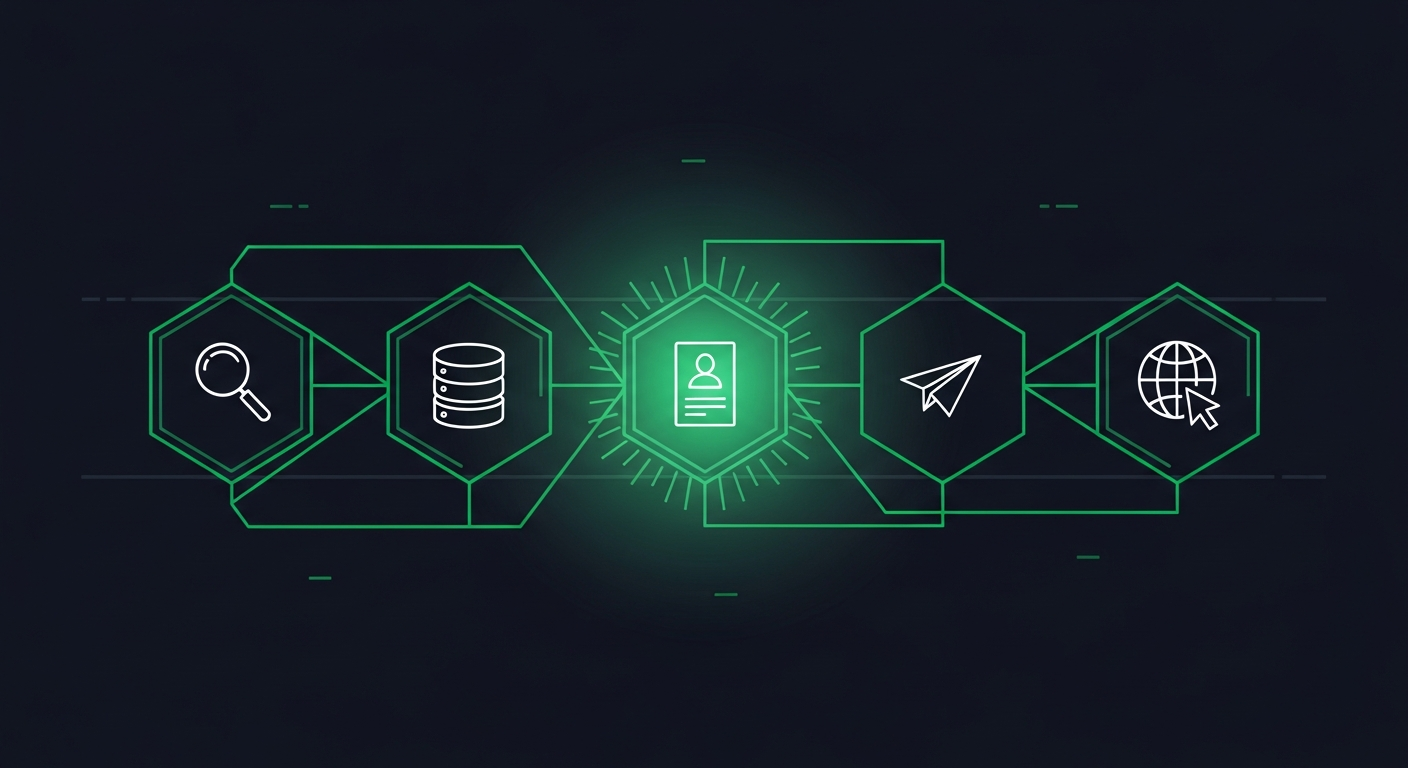 Editorial illustration of five glowing emerald hexagonal nodes connected left to right in a pipeline on a deep navy background, each holding a white line icon for prospecting, enrichment, CRM, outreach, and web capture — an assembled B2B lead generation tool stack.