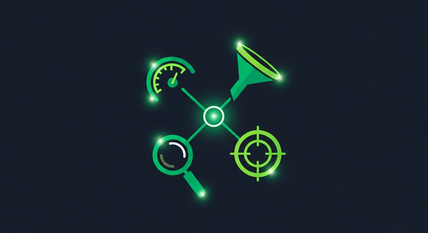Editorial illustration of a green gauge, funnel, magnifier, and crosshair linked to a central node on a deep navy background, suggesting a connected set of lead prospecting tools.