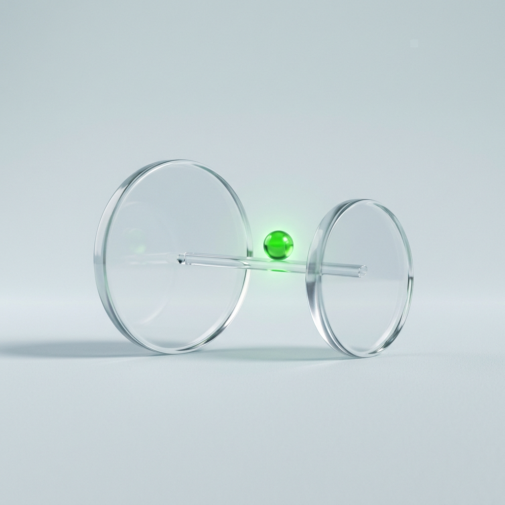 Two upright clear glass discs, one larger and one smaller, joined by a thin clear glass rod, with a small glowing green sphere resting on the rod between them.