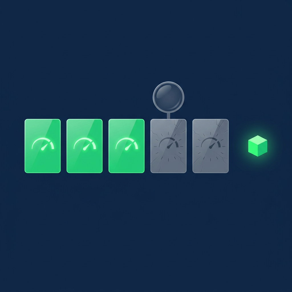 Five glass cards in a row, each with a gauge; the first three glow green and the last two are dim grey and cracked, one under a magnifying lens, beside a small lit green cube.