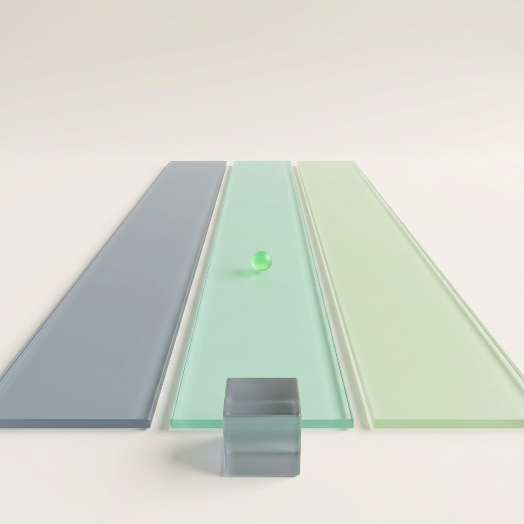 Three flat glass lanes of slate, mint and pale green run side by side, with a small green sphere on the middle lane and a dim grey glass block at their start.