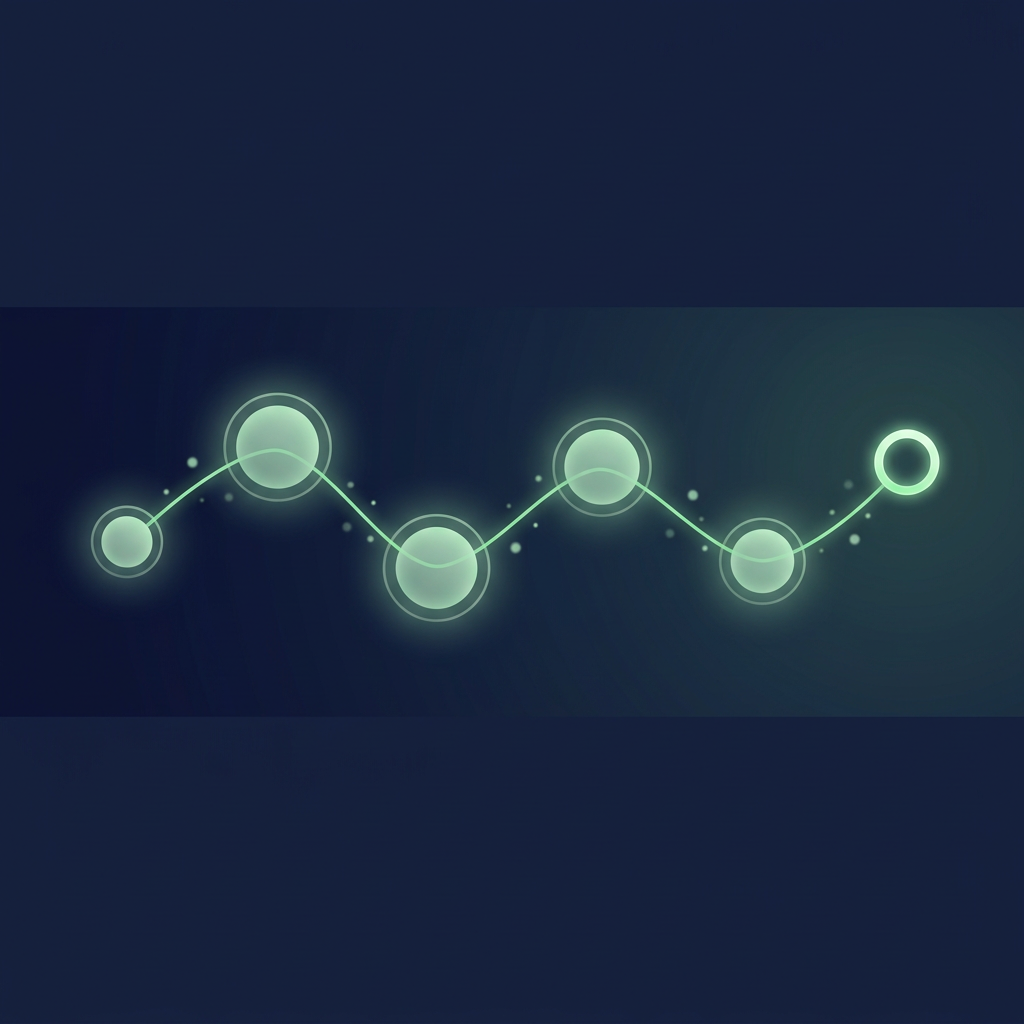 A glowing green thread links five luminous nodes and ends at a bright ring on a deep navy field.