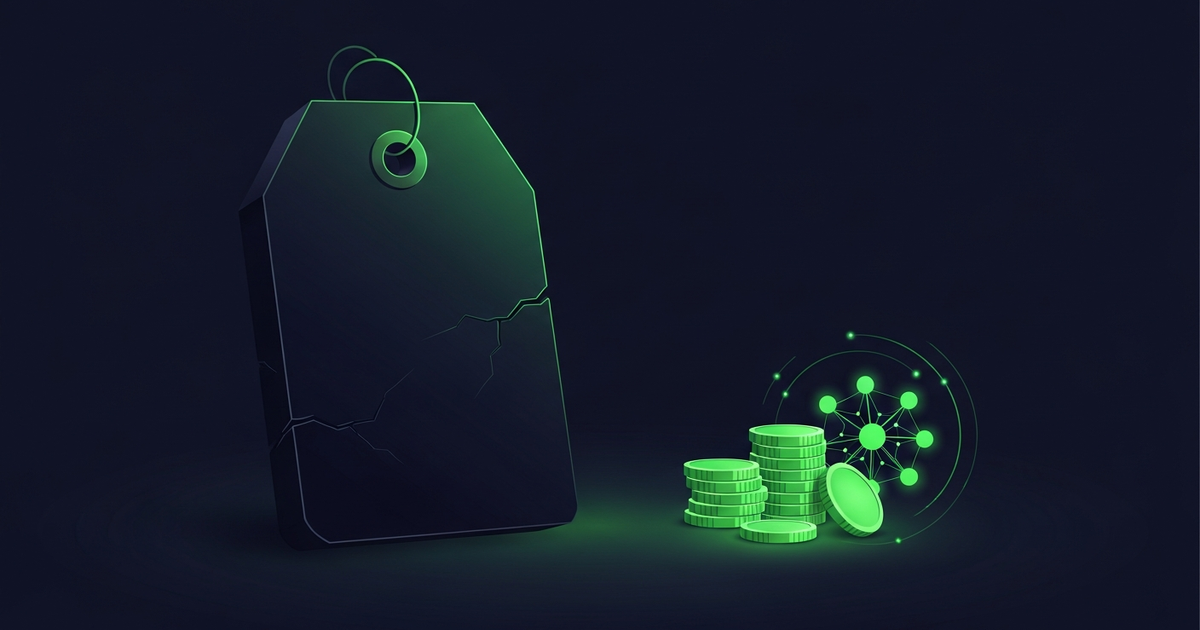 Editorial illustration of a massive dim price-tag-shaped monolith looming beside a small vivid stack of luminous green coins and a compact cluster of glowing connected green nodes on a deep navy background, suggesting a low-cost alternative that still delivers.