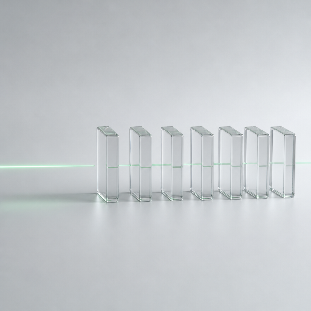 A row of seven clear glass blocks with open space at the head of the row, and a thin green line running through them.