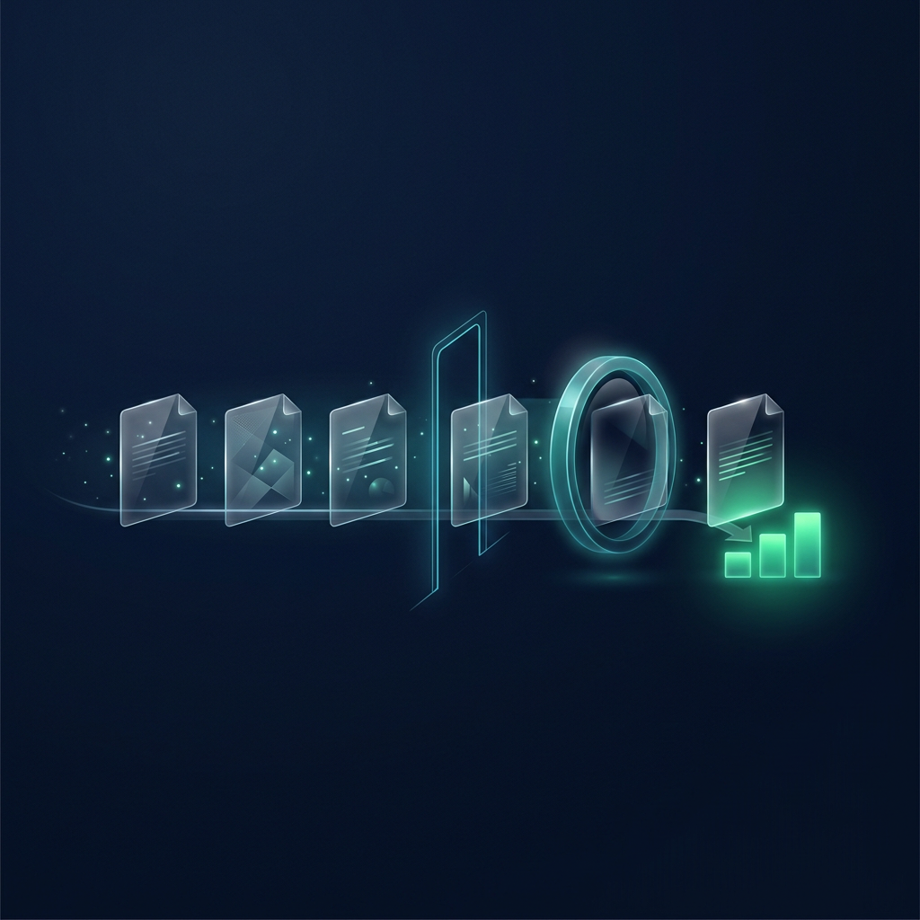 A row of glass document panels moves left to right through a thin gate and a magnifier ring, ending at a glowing green stack of three bars.