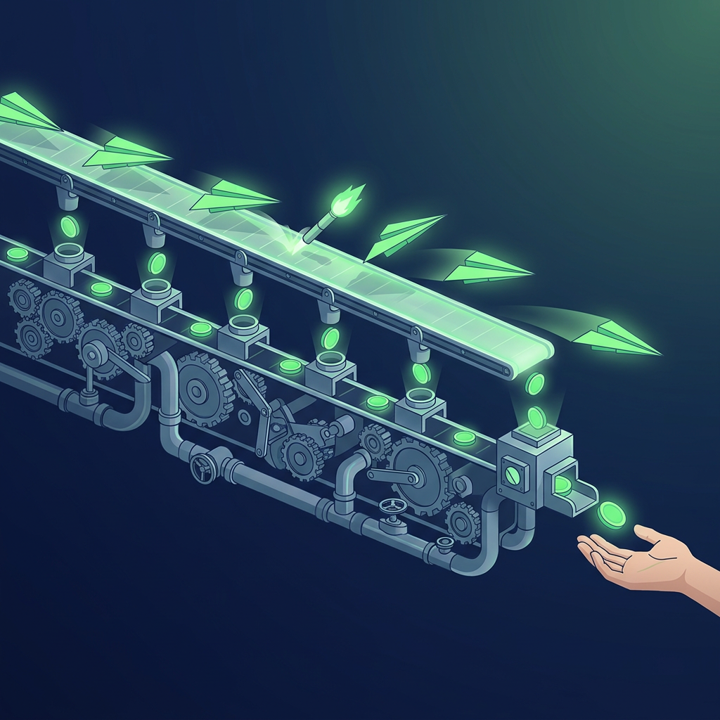 Green paper planes fly along an upper rail, dropping green tokens into gears and pipes below, and a hand at the end receives one token.