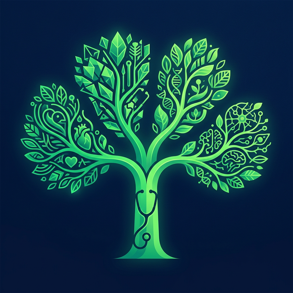 Editorial vector illustration on a deep navy background: a luminous green branching tree structure where one central node splits into distinct specialty branches of varied leaf-like geometric shapes, with a subtle stethoscope curve woven into the trunk in negative space, clean and text-free.