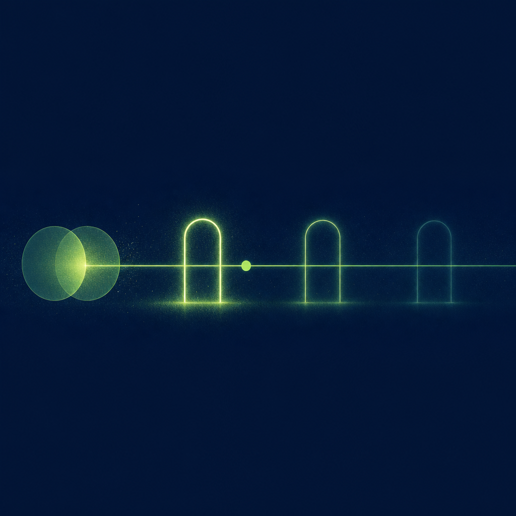 Text-free editorial vector illustration on a deep navy background, composition held inside a horizontal band across the middle of the frame with empty navy margins above and below: two translucent spring-green circles on the left drift toward each other and overlap; from the overlap a single thin glowing line runs to the right and passes through three upright luminous green arches spaced along the band, the first arch brightest and the third faintest; a small solid bright dot sits on the line just past the first arch; minimal flat shapes, subtle glow, no letters, numbers, labels or logos.