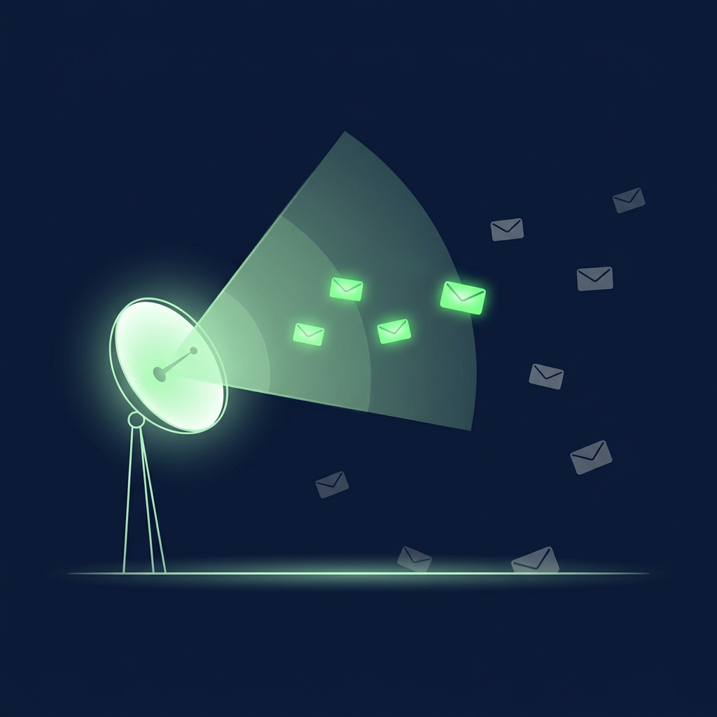 Editorial vector illustration on a deep navy background of a round luminous radar dish sweeping a soft green beam across a dark field of drifting envelope shapes — most envelopes glow bright green inside the beam's arc while two faint grey envelopes sink below a thin horizon line, suggesting early detection of mail quietly going astray.