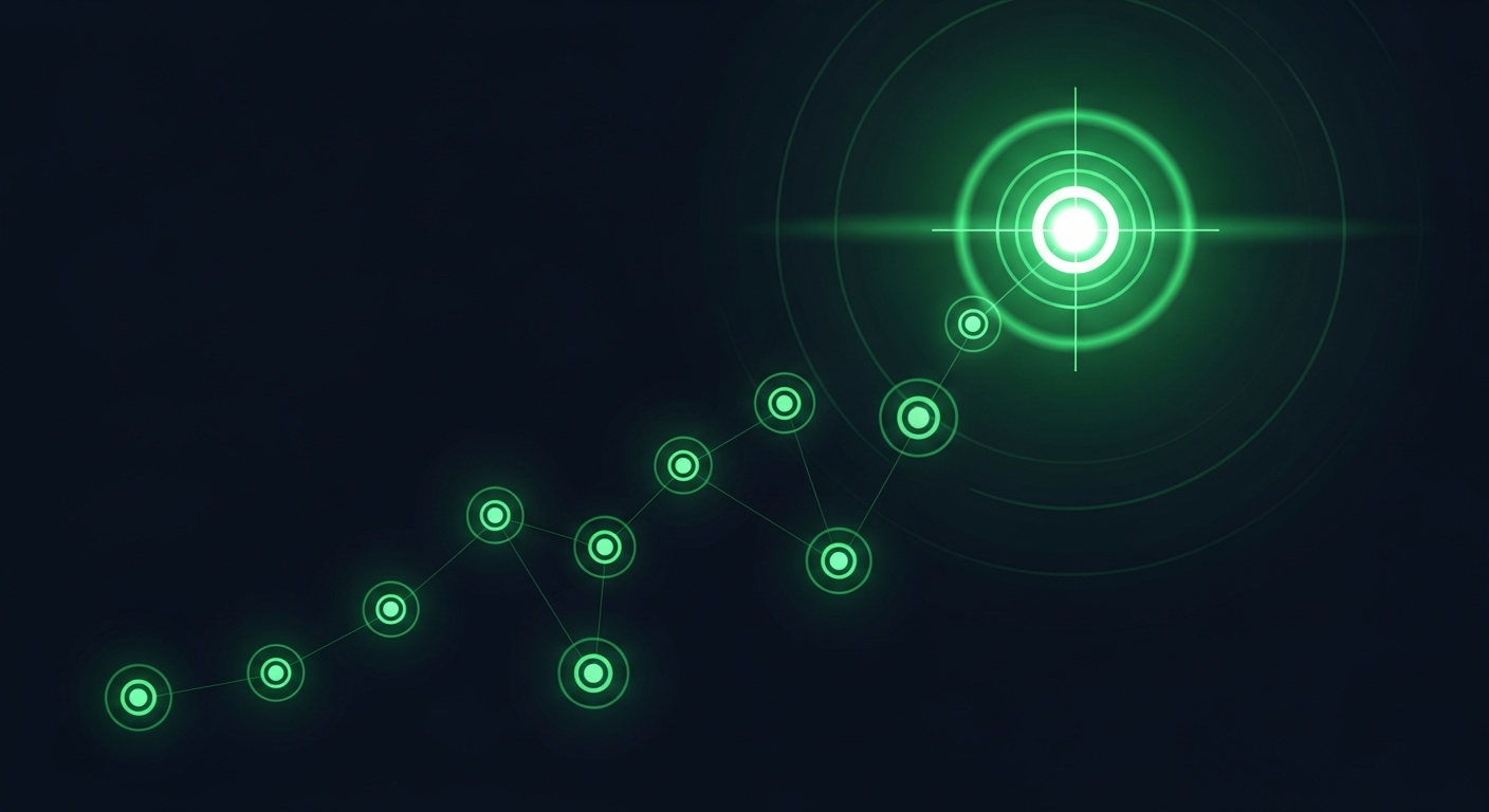 Editorial illustration of a rising constellation of green signal beacons of increasing brightness on a deep navy background, one dominant beacon glowing inside a targeting reticle.