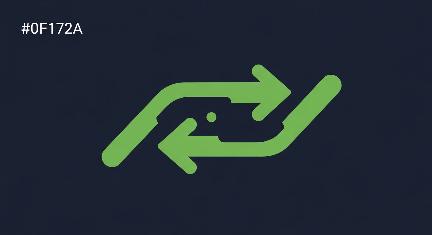 Editorial illustration of two green relay-baton style arrows passing through a single connecting node on a deep navy background.