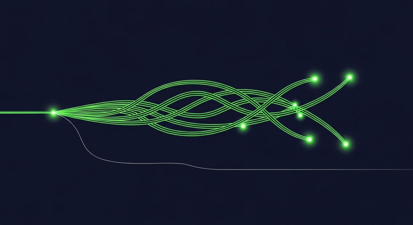 Editorial vector illustration on a deep navy background of several luminous green threads emerging from a single point on the left and weaving outward like a braided cable to reach multiple glowing nodes on the right, while a lone thin grey thread below fades out before arriving — multithreaded outreach versus a single-threaded deal.