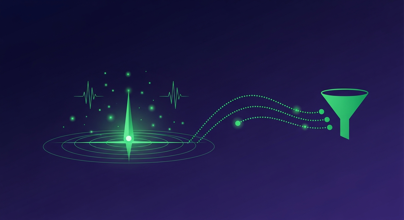 Editorial illustration of a green compass needle on a radar scope branching into three glowing pathways — a prospecting magnifier, a ranked account leaderboard, and a personalized outreach message — on a deep navy background.