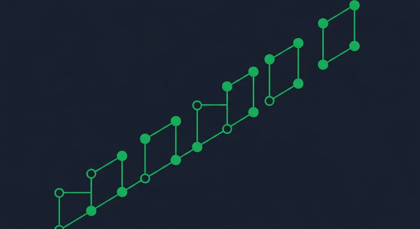 Editorial illustration of a green stepped timeline with circular nodes connected by lines on a deep navy background.