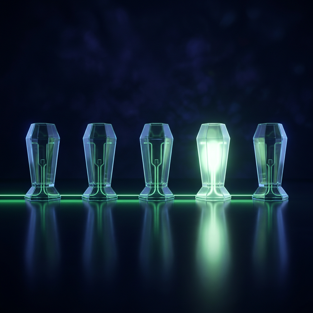 Five glass stations stand in a row on a dark floor, joined by a green line, with one station lit brighter than the rest.