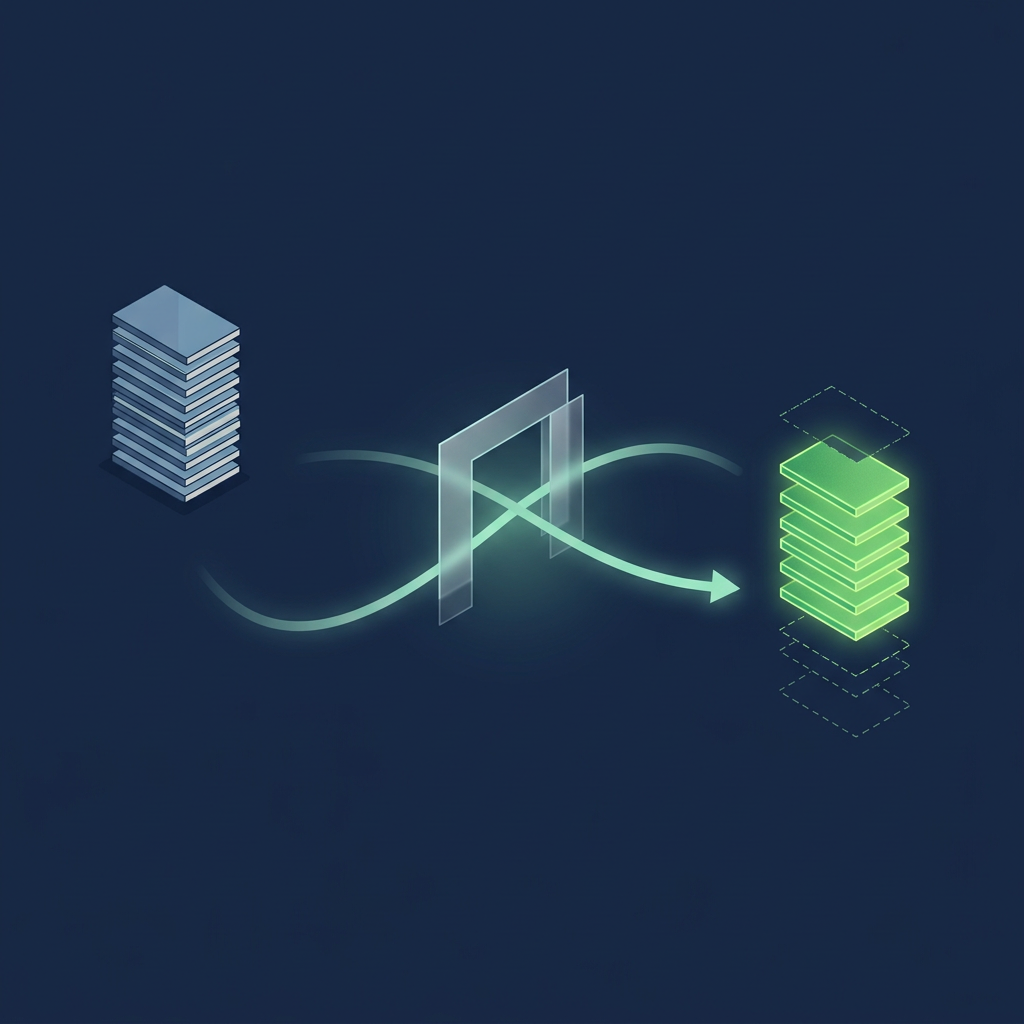 A stack of cards on the left passes through a glass gate; on the right a glowing green stack returns with three dashed empty positions where cards did not come back.