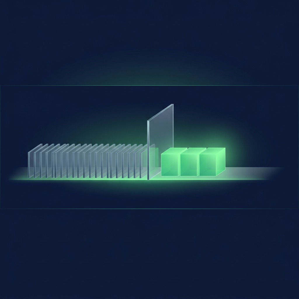 A row of thin glass panels stands on the left behind one taller divider, and three glowing green blocks sit on the right.