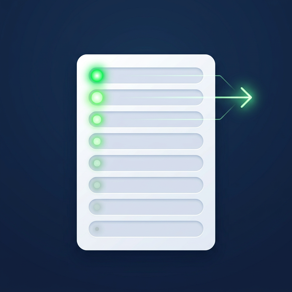 A white card divided into eight slots with glowing markers that fade from bright green at the top to dim at the bottom; thin lines run from the top three slots to a green arrow.