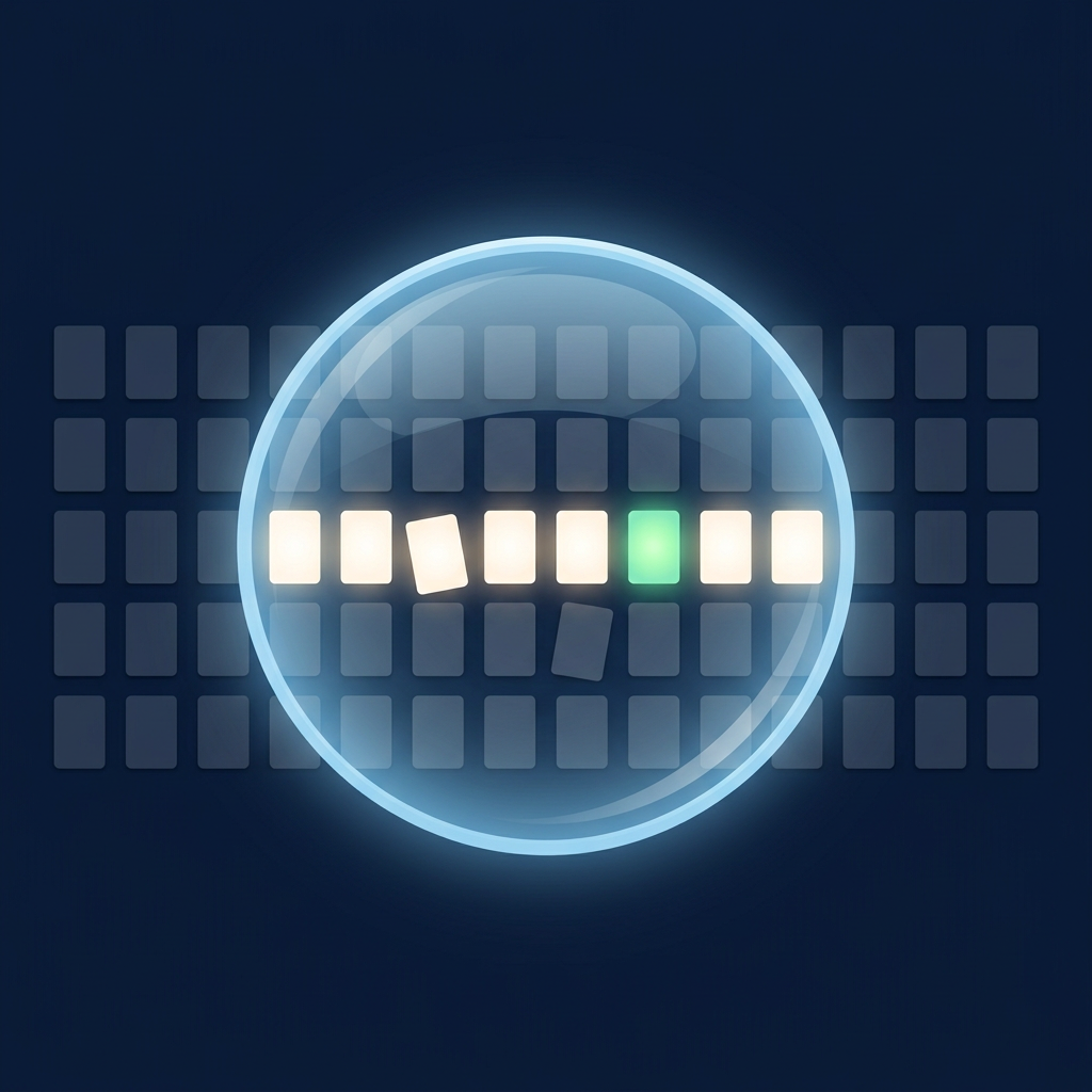 A grid of dim cards under a round glass lens; inside the lens a row of bright cards with two shifted out of line and one glowing green card.