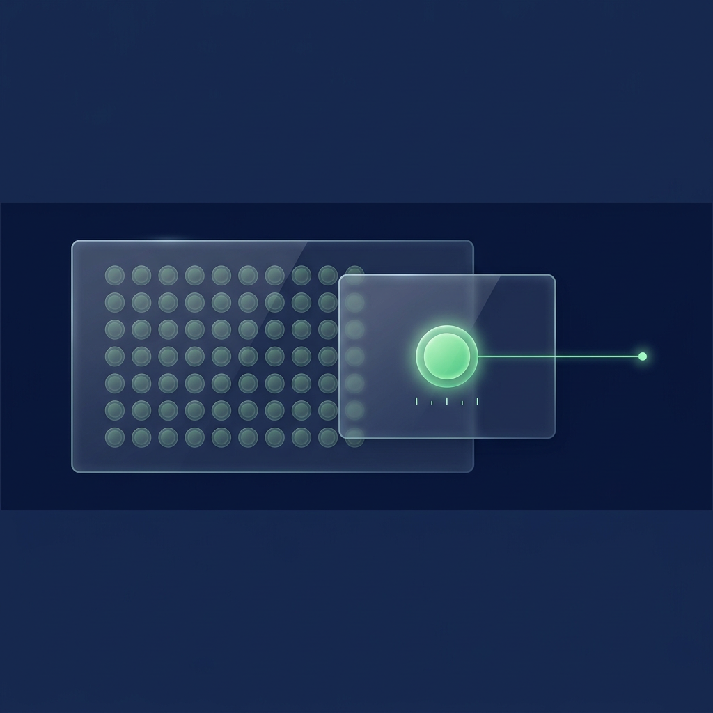 Two overlapping glass panes on a deep navy field: a grid of identical dim tokens behind, one bright green token in front with a line running out to the right.