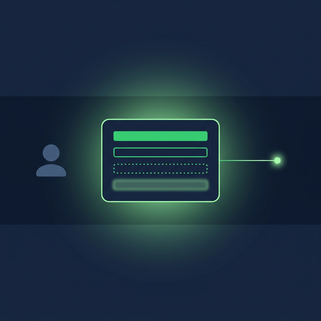 Text-free editorial vector illustration on a deep navy background, composition held inside a horizontal band across the middle of the frame with empty navy margins above and below: on the left a small plain silhouette of a person's head and shoulders in dim slate; in the centre a single rounded card outlined in luminous spring green holding four horizontal bars stacked top to bottom, the top bar solid bright green, the second a crisp green outline, the third a dotted green line, the bottom a faint hazy green glow; from the right edge of the card a thin glowing line runs to a single bright dot; minimal flat shapes, subtle glow, no letters, numbers, labels or logos.