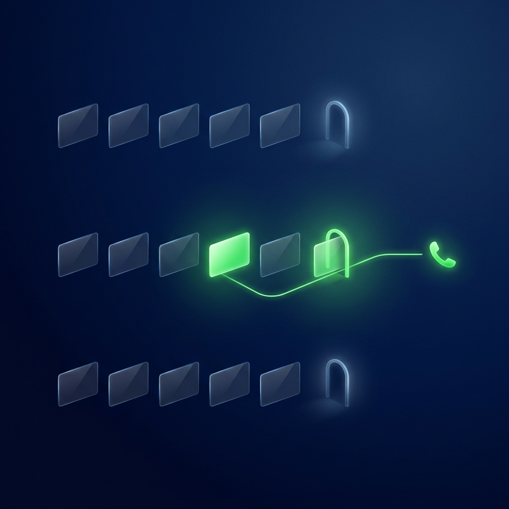 Three rows of dim glass cards, each ending at a doorway; one card in the middle row glows green and a thin green line carries it through its doorway to a glowing handset.