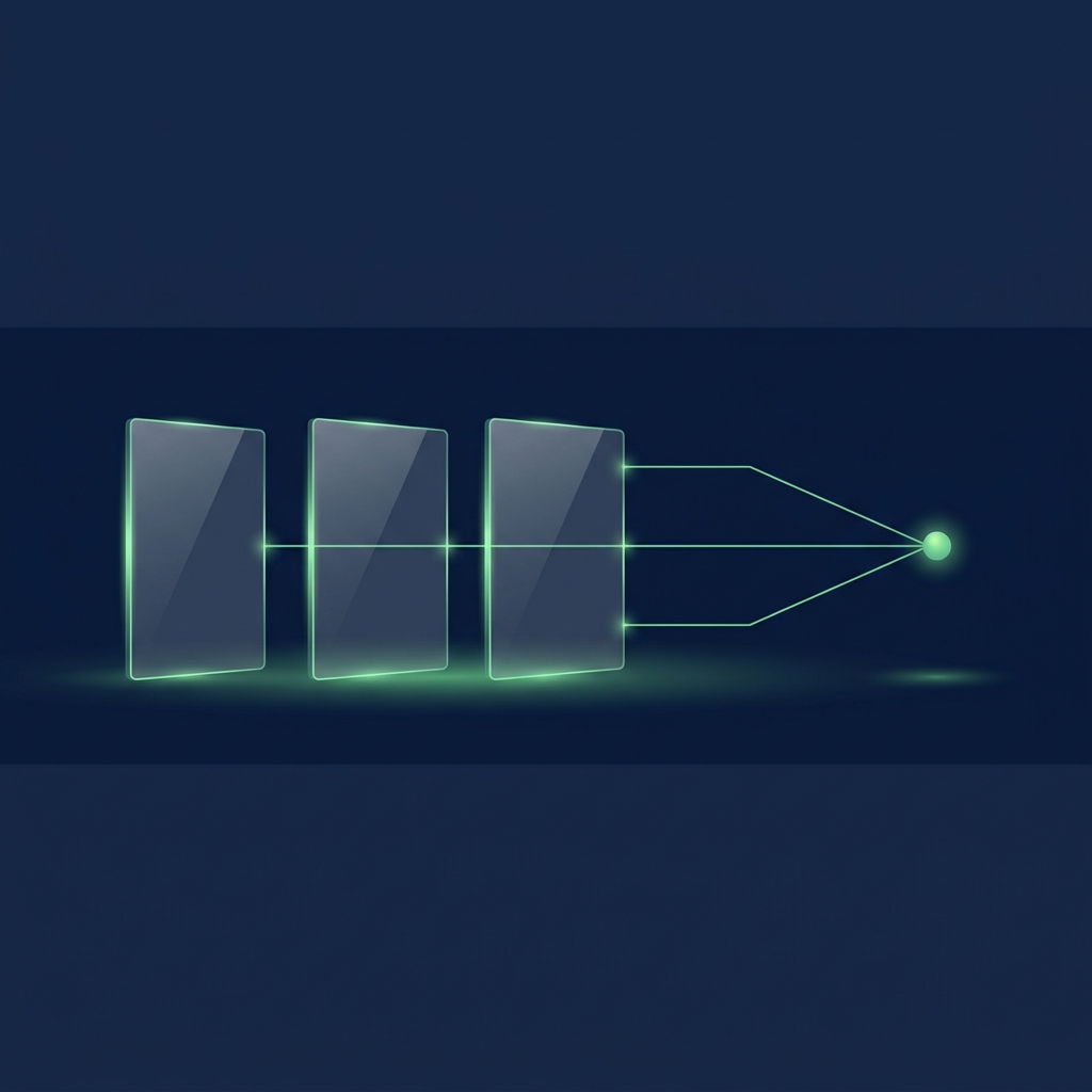 Three glass panels in a row on a navy field, with thin green lines running from them to one small glowing green node at the right.