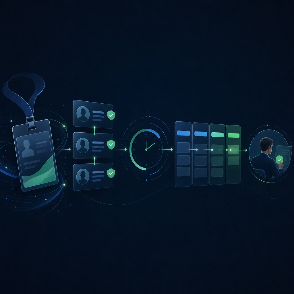 Abstract post-conference follow-up workflow connecting an event badge, verified prospect records, timed follow-up, and a CRM pipeline.
