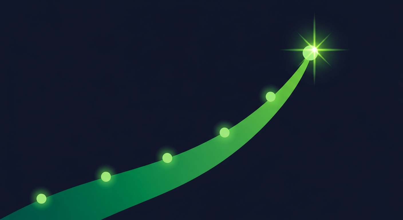 Editorial illustration of glowing green dots ascending a rising curve toward a bright star-burst on a deep navy background, suggesting predictively prioritized leads.