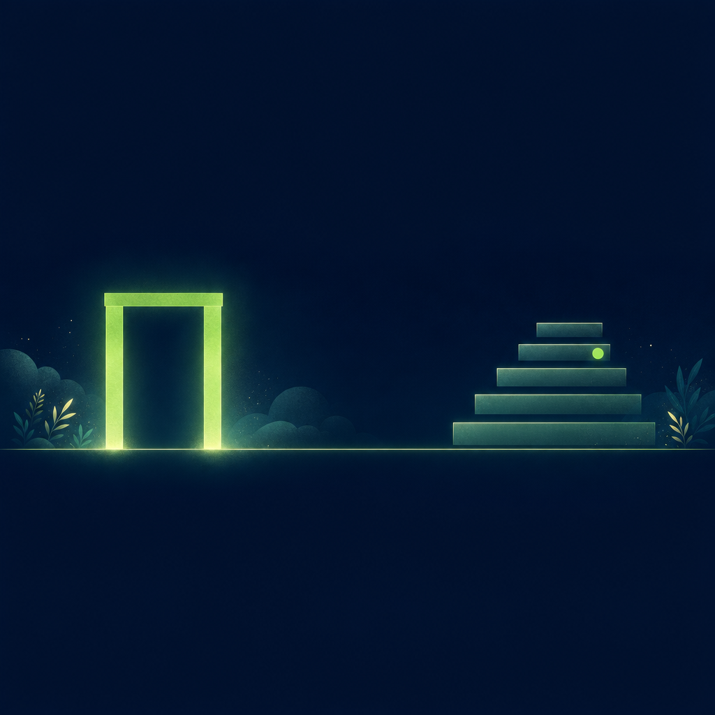 Text-free editorial vector illustration on a deep navy background, everything held inside one horizontal band across the middle of the frame with empty navy margins above and below: on the left, a simple open gateway drawn as two upright luminous spring-green posts joined by a flat lintel, standing on a thin glowing baseline; on the right, five translucent green bars stacked as ascending steps like a short staircase, with one small solid bright green dot resting on the second step from the top; faint foliage silhouettes at the edges of the band. No letters, words, numbers or codes anywhere.