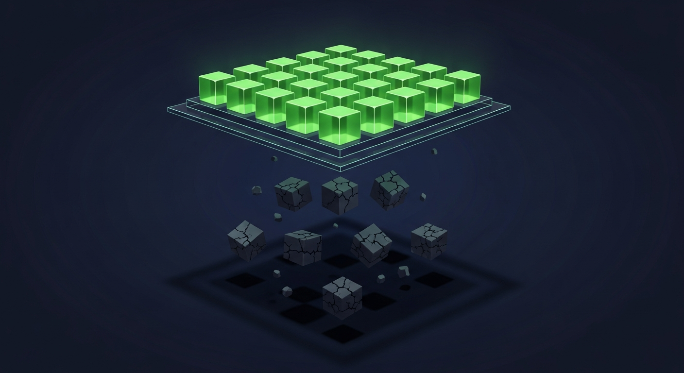 Editorial vector illustration on a deep navy background: a floating glass platform holds a perfect grid of luminous green crystal cubes, while cracked gray cube fragments drift in shadow beneath it — clean, managed prospect data held above the decayed records it replaces.