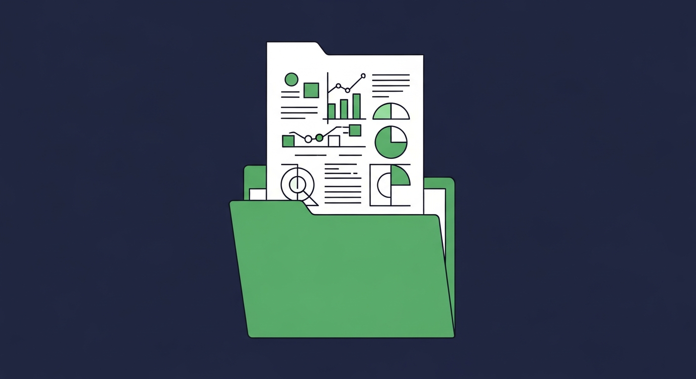 Editorial illustration of an open green folder with a stylized data sheet emerging on a dark navy background.