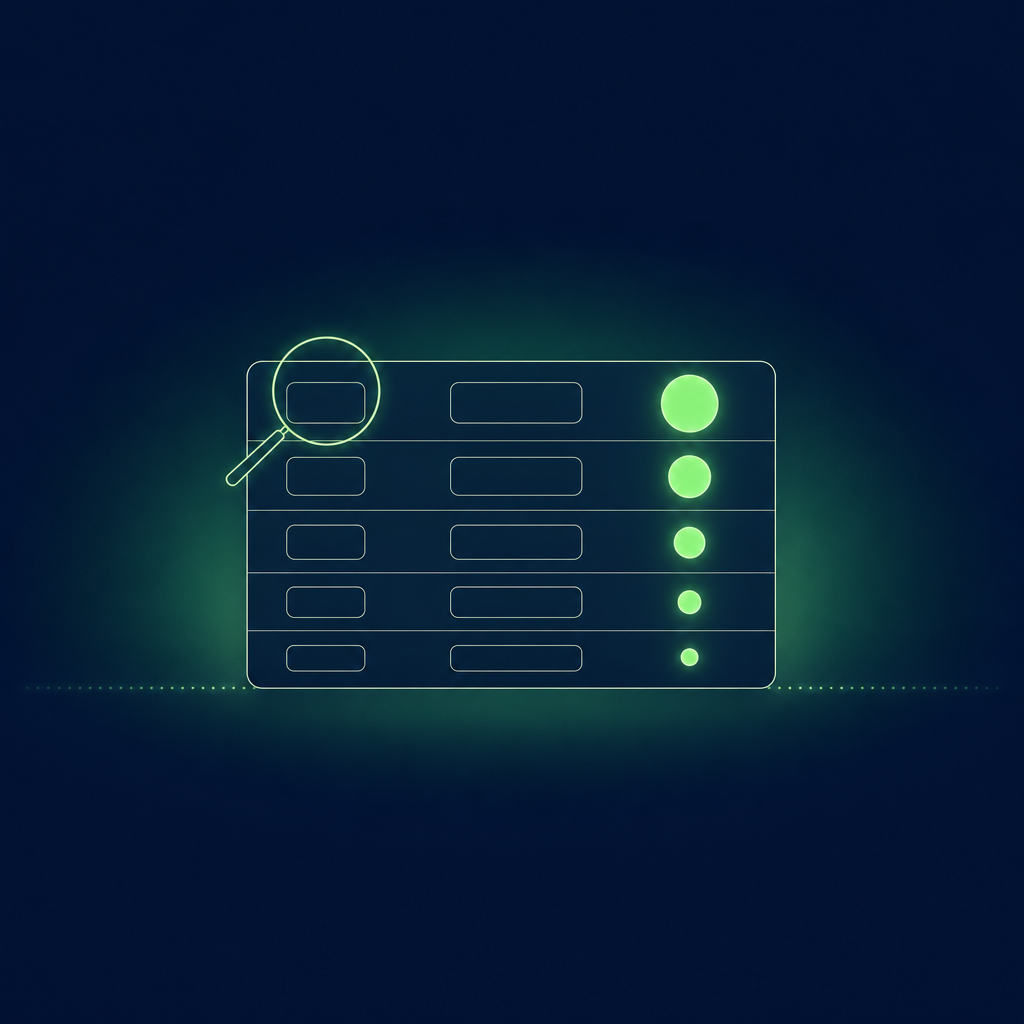 Text-free editorial vector illustration on a deep navy background: a single plain document card sits in a centered horizontal band, divided into five stacked horizontal rows; each row holds three small empty rounded slots, and the slots in the right-hand column are filled with luminous green discs of five different sizes, largest at the top and smallest at the bottom, like a ladder of certainty; a thin magnifying-lens outline rests over the top-left slot and a faint dotted green baseline runs beneath the card; minimal, subtle glow, no letters, numbers, labels or logos.