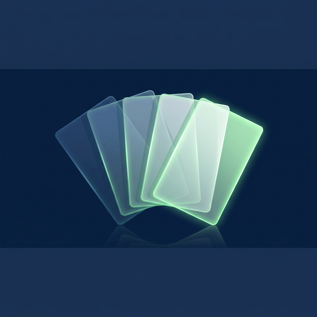 Five blank glass cards fanned out, growing from dim blue on the left to a fully lit green card on the right.