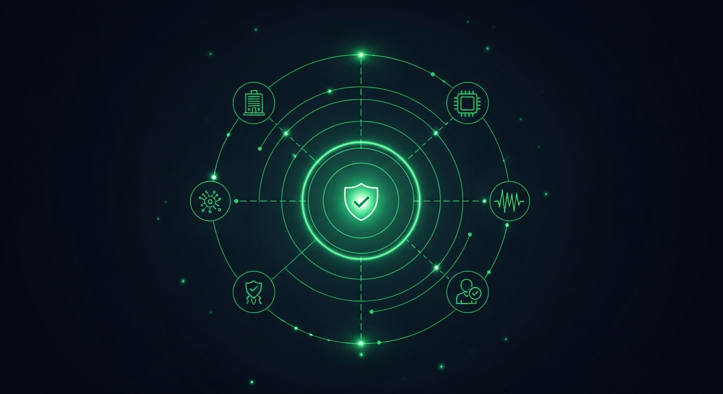 Editorial illustration of a central emerald-green prospect-dossier node linked to icons for firmographic data, technographic data, buying signals, and contact verification on a deep navy background, suggesting a connected prospect intelligence stack.