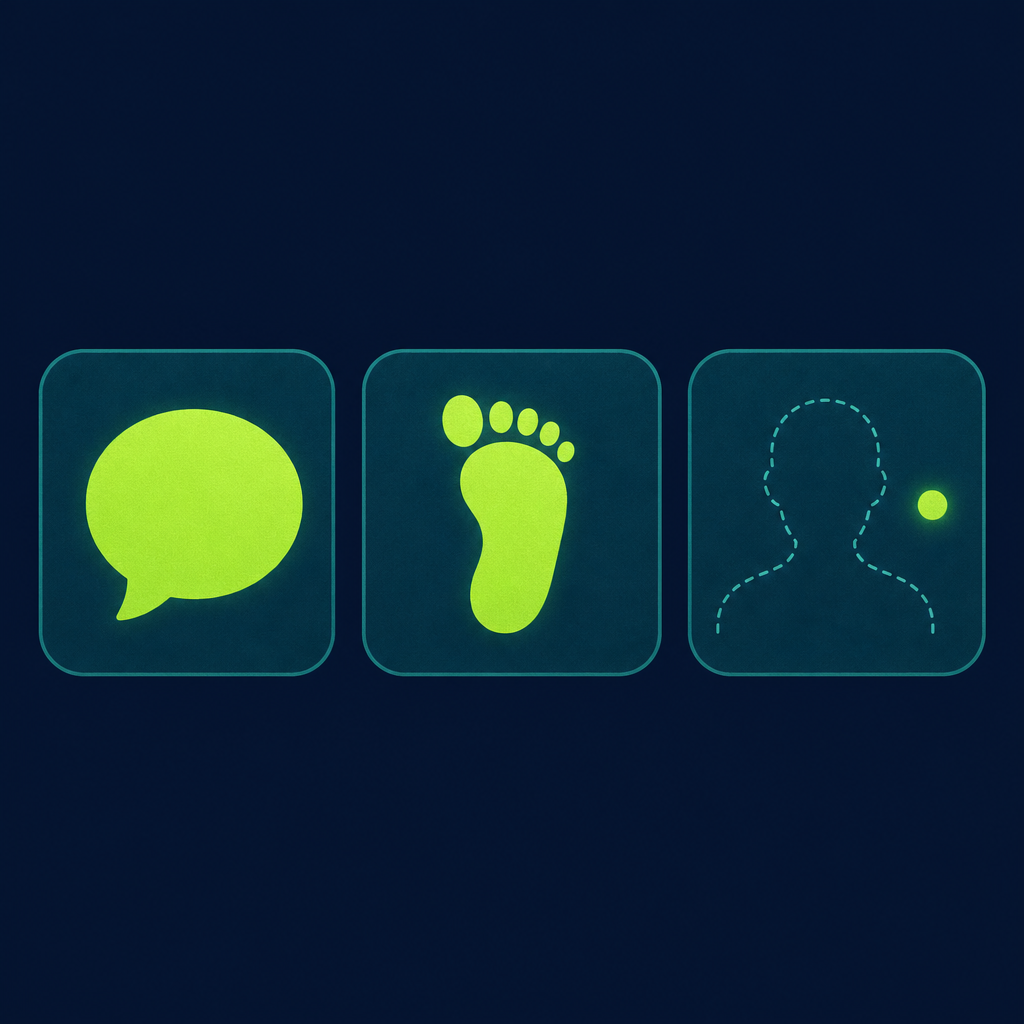 Text-free editorial vector illustration on a deep navy background, composition held inside a horizontal band across the middle of the frame with empty navy margins above and below: three soft teal rounded containers in a row; the left one holds a solid spring-green speech-bubble shape, the middle one holds a solid spring-green footprint shape, the right one holds a faint dotted outline of a head-and-shoulders silhouette with a small glowing spring-green dot beside it; minimal flat shapes, subtle glow, no letters, numbers, labels or logos.