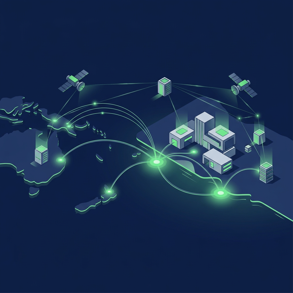 Text-free editorial vector illustration on deep navy of Pacific island contours, subsea cable arcs, data-center blocks, satellites, and luminous green meeting points converging on an abstract beachfront conference venue; polished widescreen composition, no letters, numbers, logos, labels, signs, or typography.