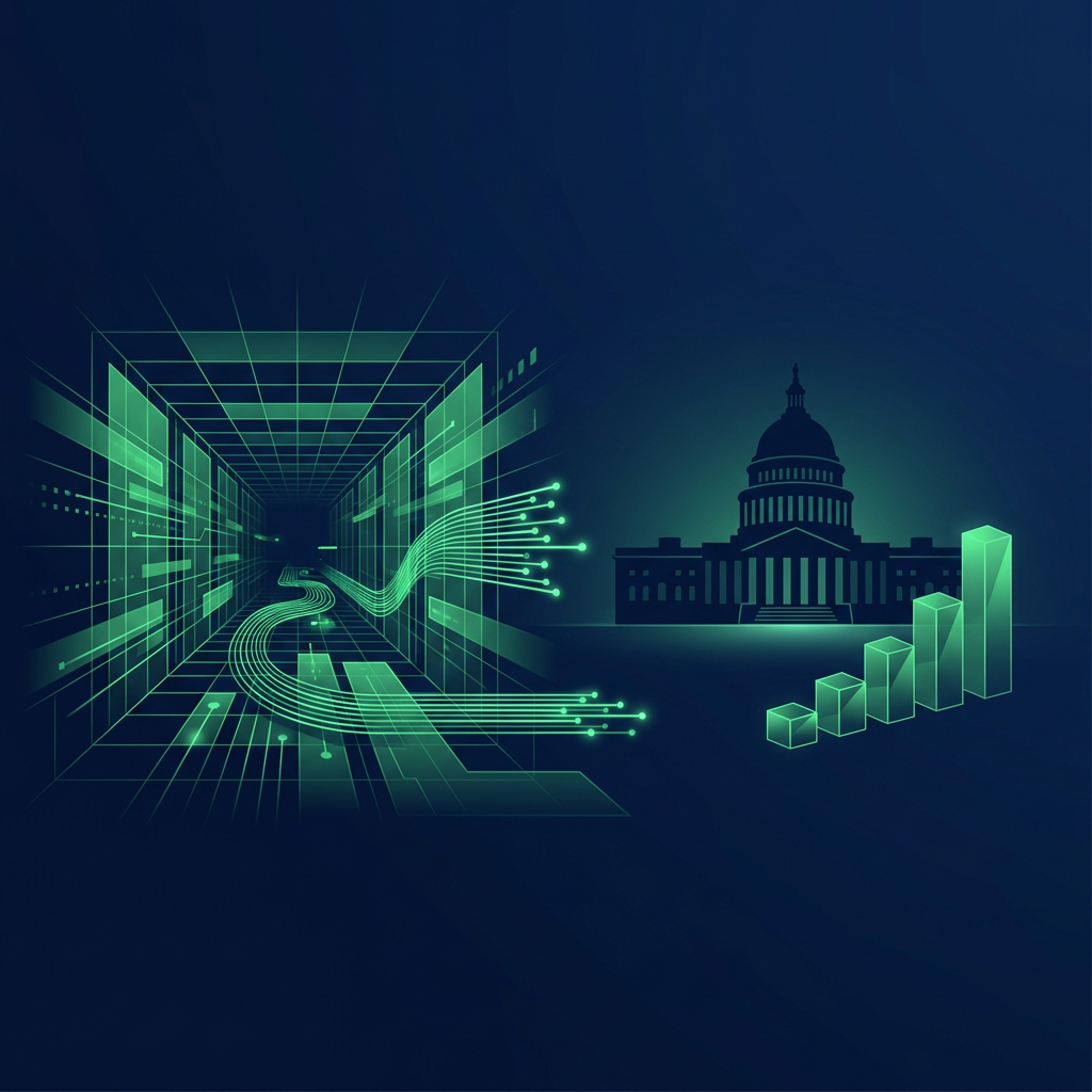 Text-free widescreen editorial vector illustration on a deep navy background showing a luminous green data-center corridor, layered fiber paths, a government-building silhouette, and an investment graph rendered only as rising geometric blocks; minimal, polished, subtle glow, no letters, numbers, logos, captions, labels, watermarks, or interface text.