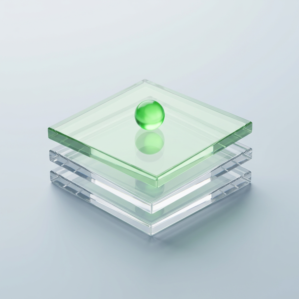 A stack of three clear glass slabs, offset from one another, with the top slab tinted pale green and a small glowing green sphere resting on it.